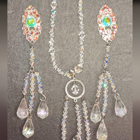 Vintage Clear & Watermelon Aurora Borealis Crystal Drop Necklace & Earring Set - Picture 6 of 7